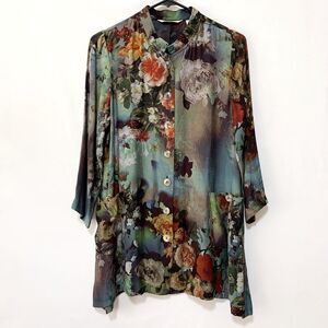 Soft Surroundings Floral Garden 3/4 Sleeve Button Front Tunic Top XS